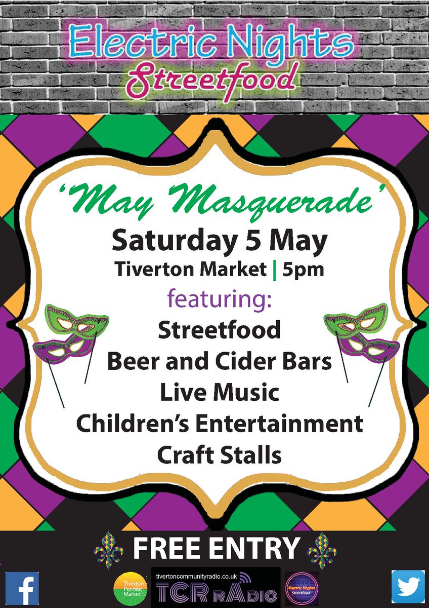 ElectricStFood's tweet photo. We're back! Masquerade theme on SAT 5 MAY @TivertonMarket with streetfood, mask making and live music #LoveLocal #LYLM2018 @VisitDevon @GreatDevonDays #streetfood https://t.co/Ssv4eoayDy