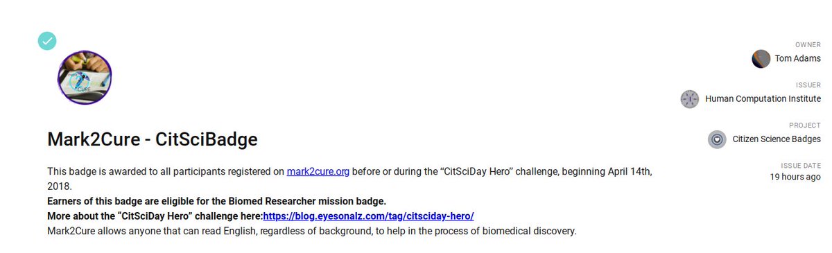 tacitsci's tweet photo. I earned badges for #Mark2Cure and #StallCatchers - you too can participate in the #CitSciDayHero challenge! https://t.co/mYI6BLKfJN