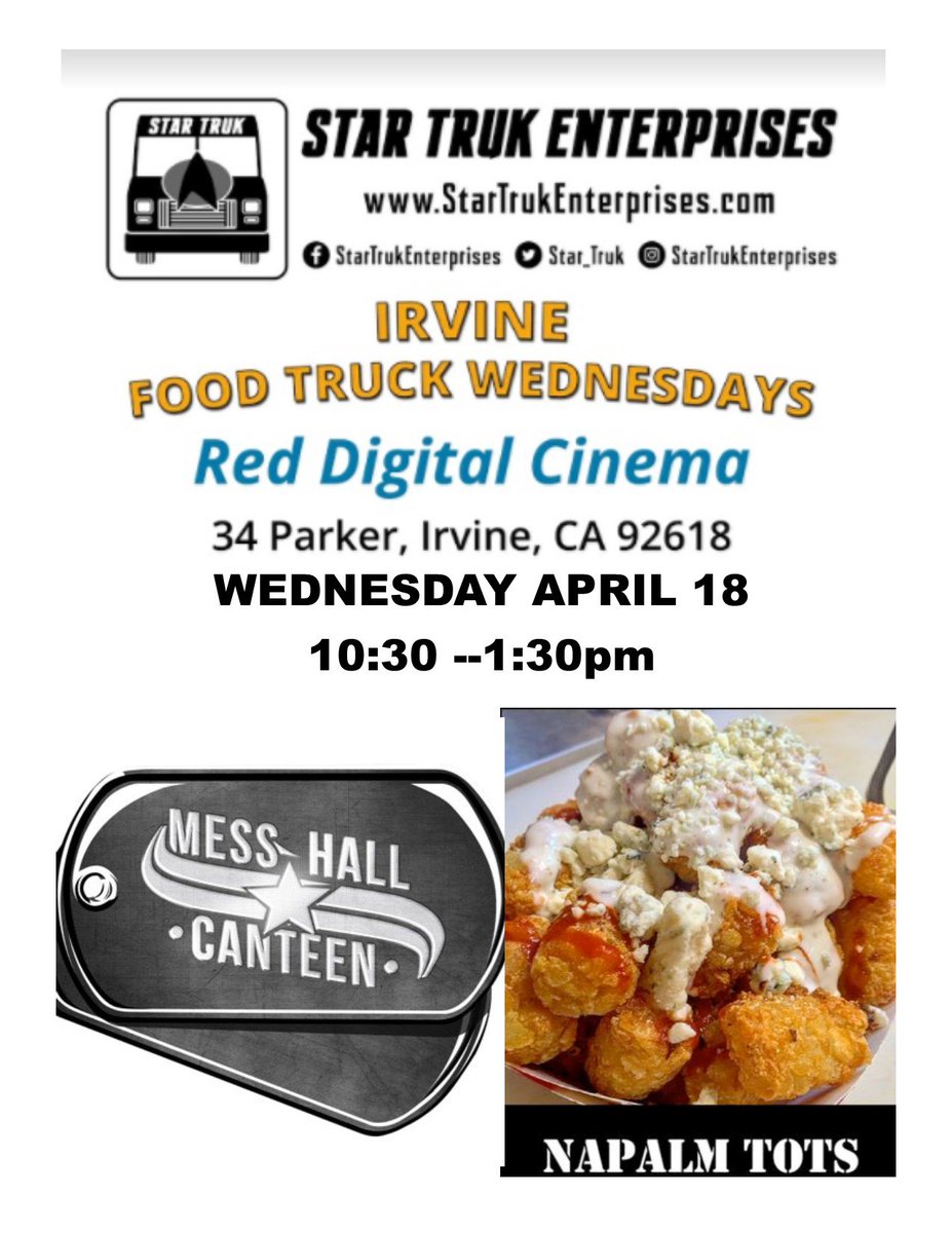 Star_Truk's tweet photo. IRVINE WED Food Truck APRIL 18 LUNCH #FoodTruck #Irvine @MessHallCanteen @PhenomnomTruck #FoodBeast #OCfoodies #FoodNetwork #Grub #Eat #Chow #YelpOC #StreetFood #OCChefs #StarTrukEnterprises #Lunch #Munch https://t.co/cl2A4yLXKc