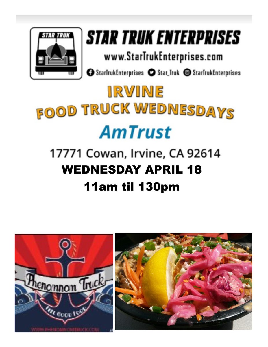 Star_Truk's tweet photo. IRVINE WED Food Truck APRIL 18 LUNCH #FoodTruck #Irvine @MessHallCanteen @PhenomnomTruck #FoodBeast #OCfoodies #FoodNetwork #Grub #Eat #Chow #YelpOC #StreetFood #OCChefs #StarTrukEnterprises #Lunch #Munch https://t.co/cl2A4yLXKc