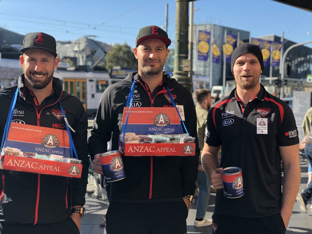 Cale Hooker, Tom Bellchambers and Jake Stringer raising money for the ANZAC Appeal at Flinders Street Station this morning. 
Support this important cause by donating at anzacappeal.com.au
