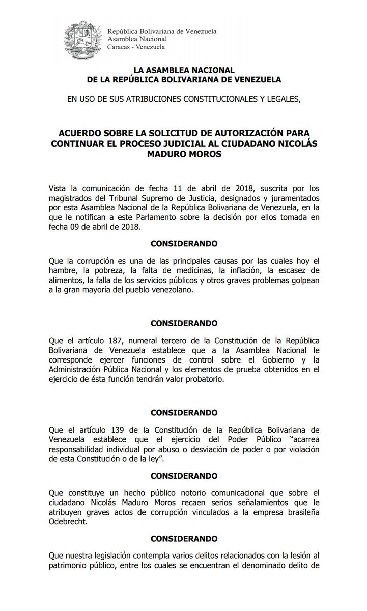 AsambleaVE's tweet photo. Junta Directiva procedió a realizar ​la ​votación nominal: Con 105 votos a favor, la AN declaró que existen méritos para continuar​ el​ proceso judicial contra Nicolás Maduro,  por corrupción​,​​ que​ adelantan​ ​los ​magistrados ​designados por el Parlamento. #SesiónAN https://t.co/I02YLjA4BU