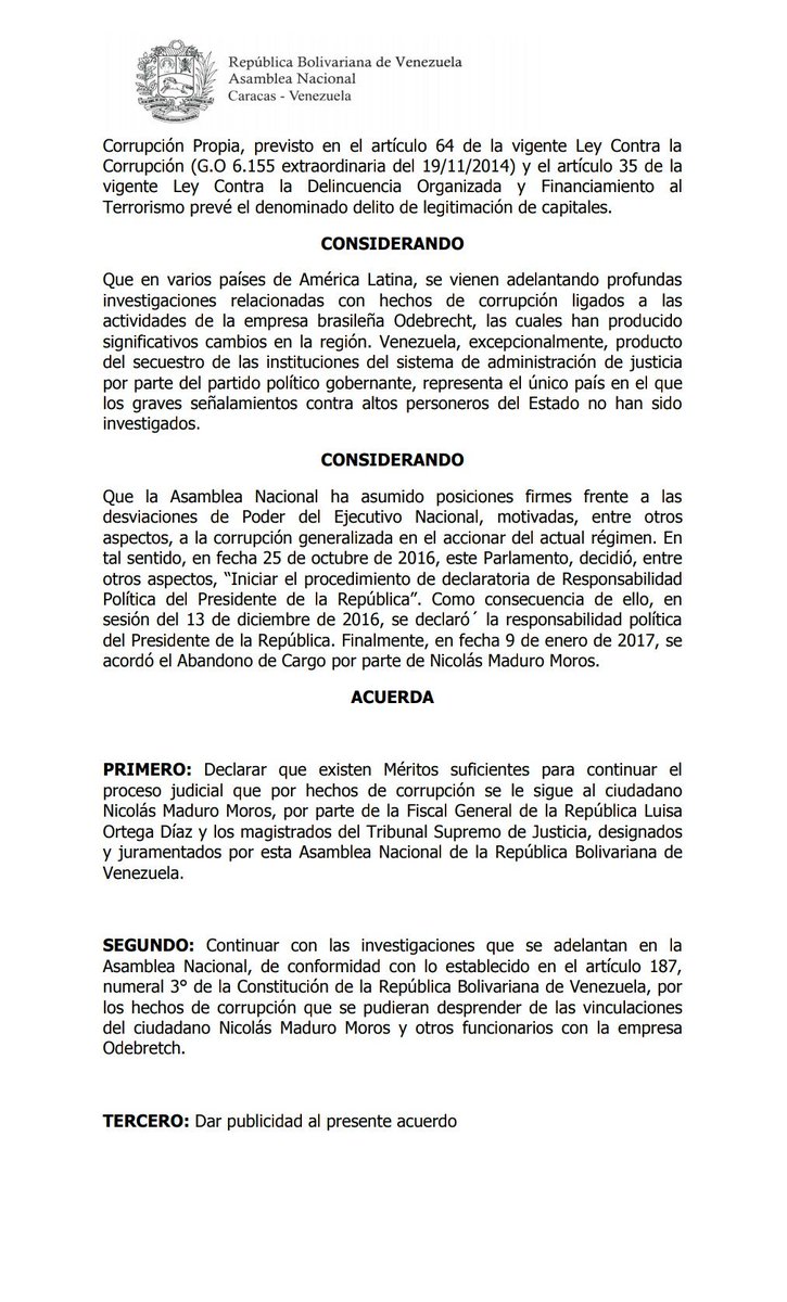 AsambleaVE's tweet photo. Junta Directiva procedió a realizar ​la ​votación nominal: Con 105 votos a favor, la AN declaró que existen méritos para continuar​ el​ proceso judicial contra Nicolás Maduro,  por corrupción​,​​ que​ adelantan​ ​los ​magistrados ​designados por el Parlamento. #SesiónAN https://t.co/I02YLjA4BU