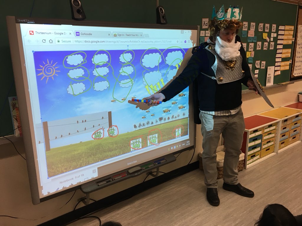 mrs_scott_1's tweet image. Students were challenged to demonstrate their learning about decomposing 13 after our visit from the King of Thirteenium (@Kylede08). They drew their own Kindom of 13 and wrote a number sentence about one set of items in their land. Lots of excitement in math today! #TVDSBMath