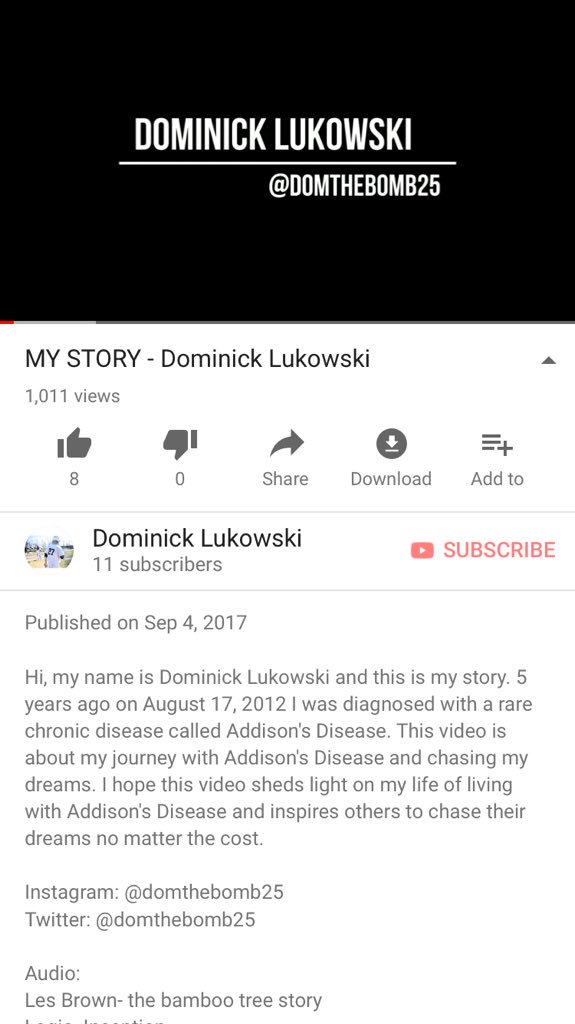 DomLukowski's tweet photo. Wow, MY STORY reached 1,000 views today...and it’s the middle of Addison’s Disease Awareness Month. This is what I mean when I preach trust the timing of your life... https://t.co/6r4SoSTLrI