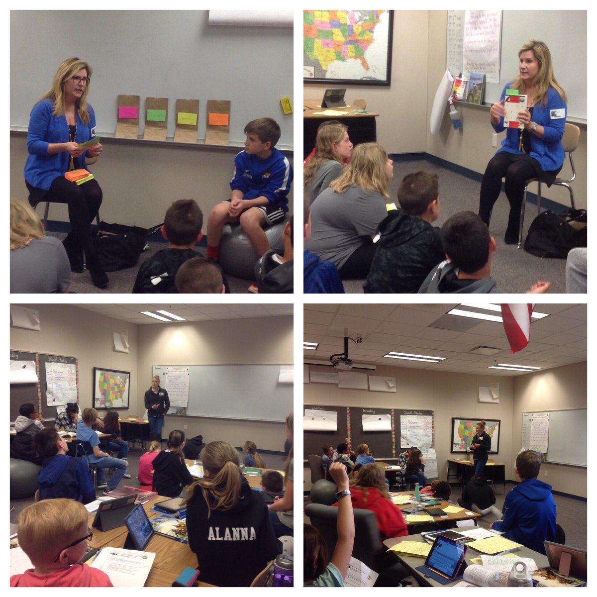 udgibson's tweet photo. Great day of visitors to Team 5-4!  Kelly Tully, a fantastic local author, shared the writing mindset and played a story writing game!  
Mrs. Comer, an attorney for the state, came to answer questions about We the People with real world experience and expertise! https://t.co/4B5mVFJX9s