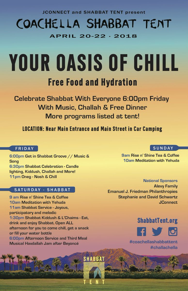 Shabbat Tent is Your Oasis of Chill <a href="/coachella/">Coachella</a> - Free nosh, water, Shabbat Dinner and more. #challachella - Join us anytime! facebook.com/events/4710521…