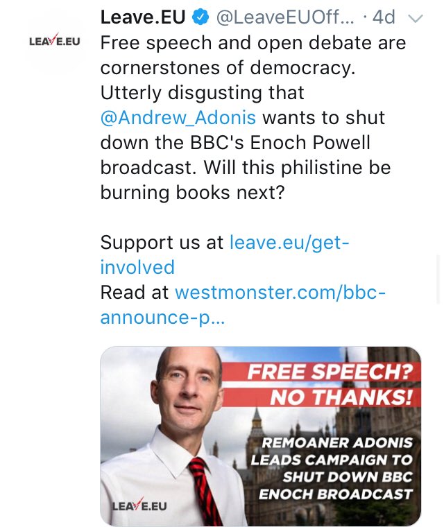 eurosluggard's tweet image. Note how Leave(dot)EU casually slip in the smear that Andrew Adonis is behaving like a Nazi when they suggest he will be “burning books next”. They know this will trigger outrage (&amp;amp; social media traffic). Don’t rise to their bait. #UseScreenshots #AltShite @Andrew_Adonis