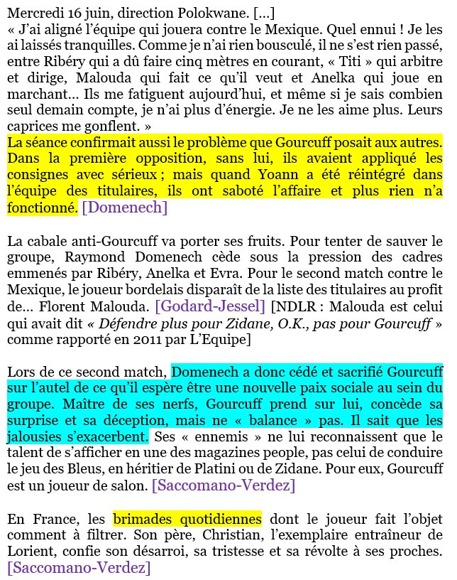 Pour le match contre le Mexique : Domenech cède. Il voit que les joueurs ont sciemment saboté la séance d’entraînement avec Gourcuff : Domenech le sort du 11 titulaire pour obtenir la paix sociale. Le joueur n’est pas dupe mais ne craque pas, la configuration lui étant hostile.