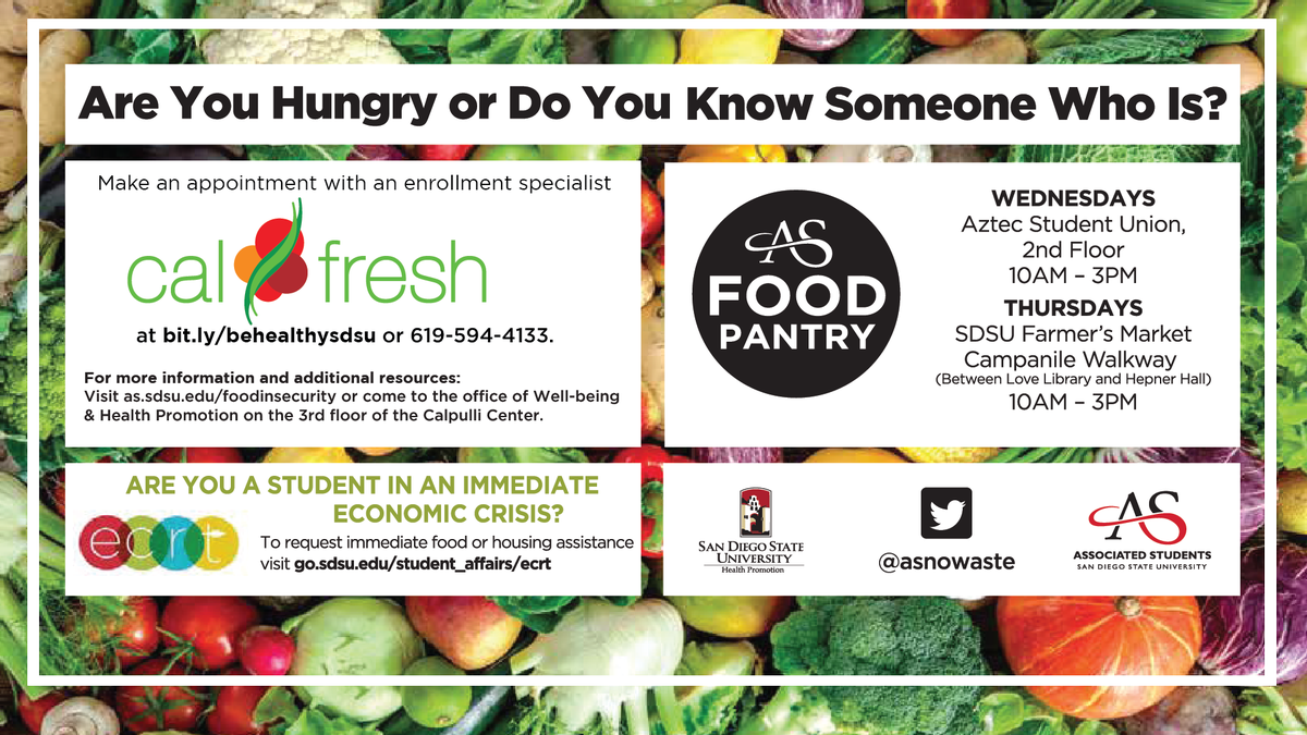 SDSUwellbeing's tweet photo. Need food assistance or do you know someone who does? Check out these on-campus resources!. Give us a call at 619-594-4133 if you have any questions. #SDSU_Health #LiveWellAztecs #SDSU @SDSUStudentDisabilityServices @SDSUCounseling  @sllsdsu @arcsdsu @SDSUPrideCenter https://t.co/RRW9JsFZA2