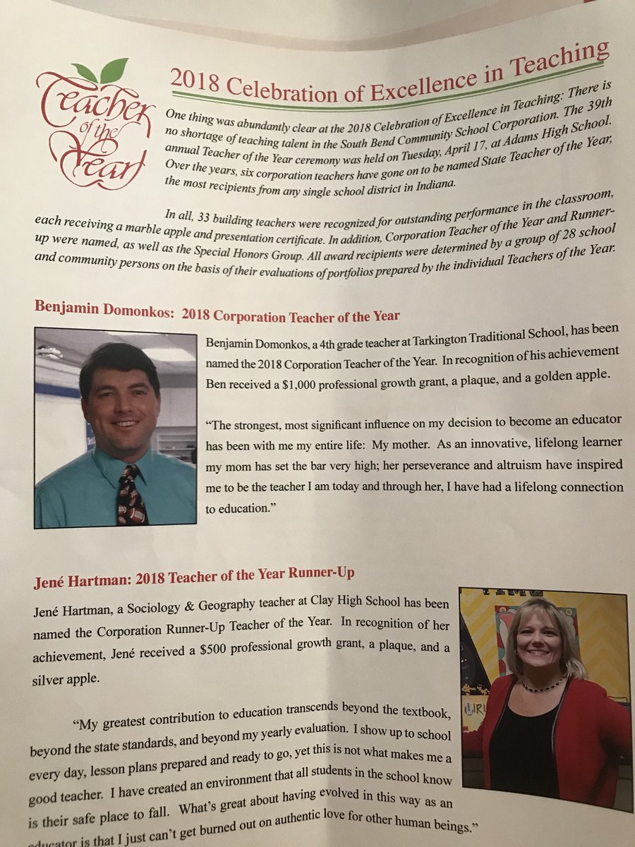 SwansonTES's tweet photo. Congrats to our very own Mr. Ben Domonkos on being name #TEAMSOUTHBEND Teacher of the year #2019 @tarheelbd @MrD203 https://t.co/iO1Kvfdmkf