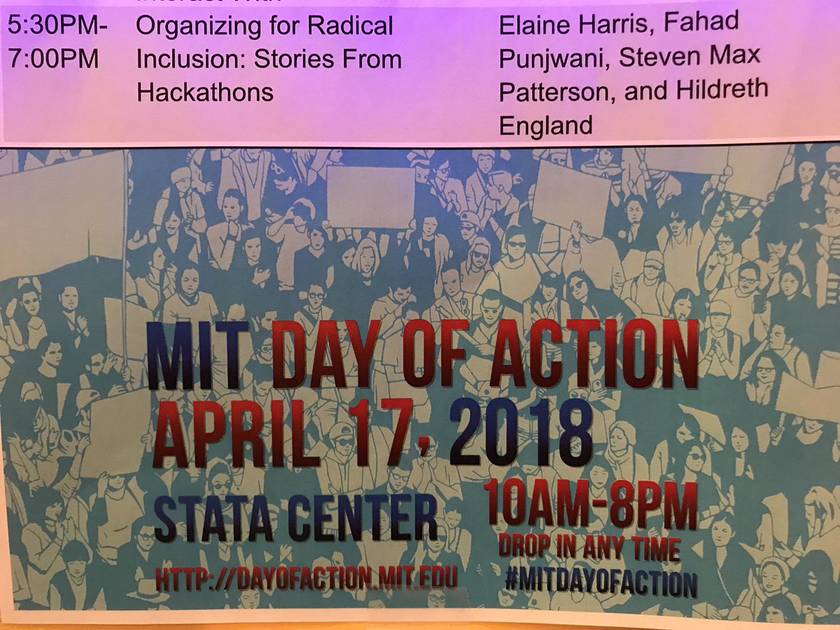 anselmocassiano's tweet photo. @MITDayOfAction room 32-144 session 5:30-7pm Organizing for Radical Inclusion: Stories from Hackathons #MITDayOfAction https://t.co/bArCbLQVMI