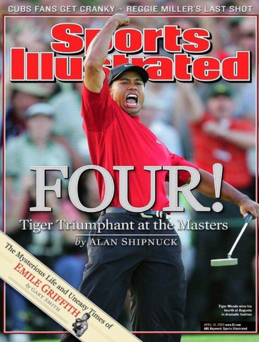 darrenrovell's tweet photo. 13 Years Ago Today: Tiger appears on cover of Sports Illustrated after winning his fourth Masters. 

13 years later, his Masters win total is still four. https://t.co/bBBisd7knW