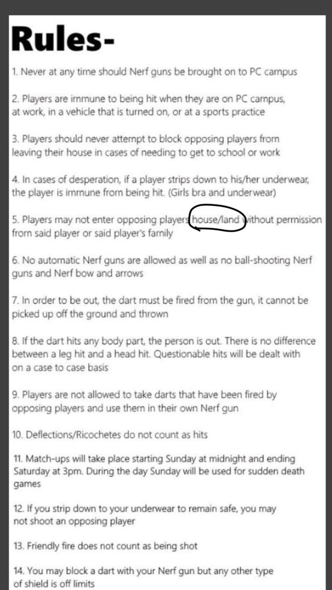 The68Club's tweet photo. @MaltRushmore According to Nerf War Rules No. 5, the oppsing team shall not enter the land of the player or the player’s family without permission. As your team trespassed and welcomed yourselves to Sir Connor’s driveway without said permission, your kill is invalid. https://t.co/Yd9TKyZdLY