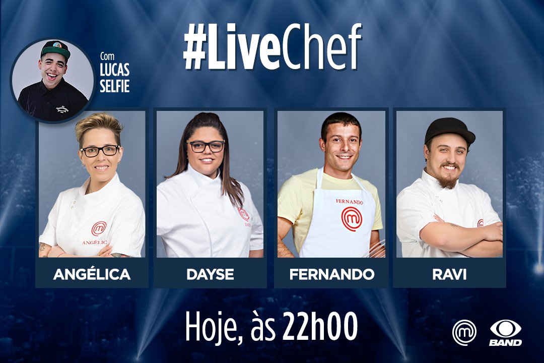 Além de acompanhar o #MasterChefBR pela TV, hoje é dia de saber o que a @MCProAngelica, a @MChefDayse, o <a href="/MC3_Fernando/">Fernando Cavinato</a> e o <a href="/MCProRavi/">Ravi Leite</a> estão achando dessa temporada! O <a href="/lucaselfie/">lucas</a> vai comandar o #LiveChef às 22h00, aqui no nosso perfil!