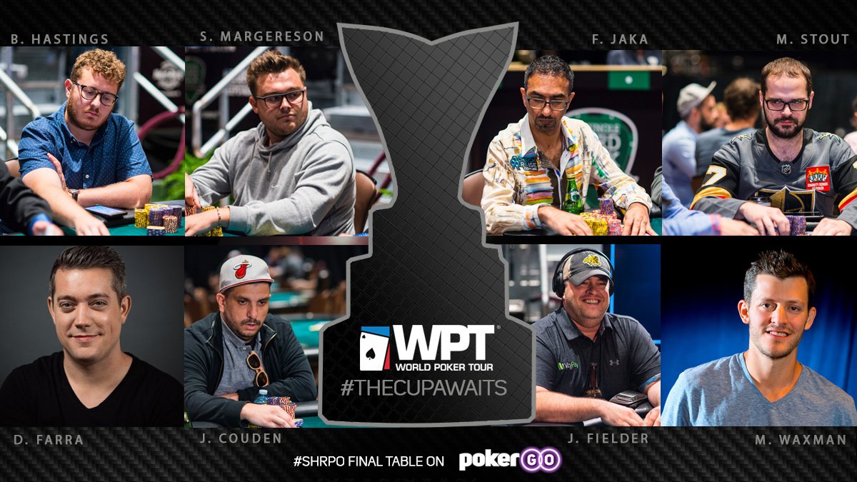 PokerGO's tweet photo. The @WPT #SHRPO Showdown final table is set!
@brianchastings holds the lead, with @buffblastin, @MattStoutPoker, @fielderdream, &amp; @FarazJaka in contention.
@DaveFarra &amp; @matthew_Waxman call the PokerGO action Wednesday at 4:30 PM ET!
#TheCupAwaits
▶️ https://t.co/4E2f3MYHuj https://t.co/Ti9xiFdnDR