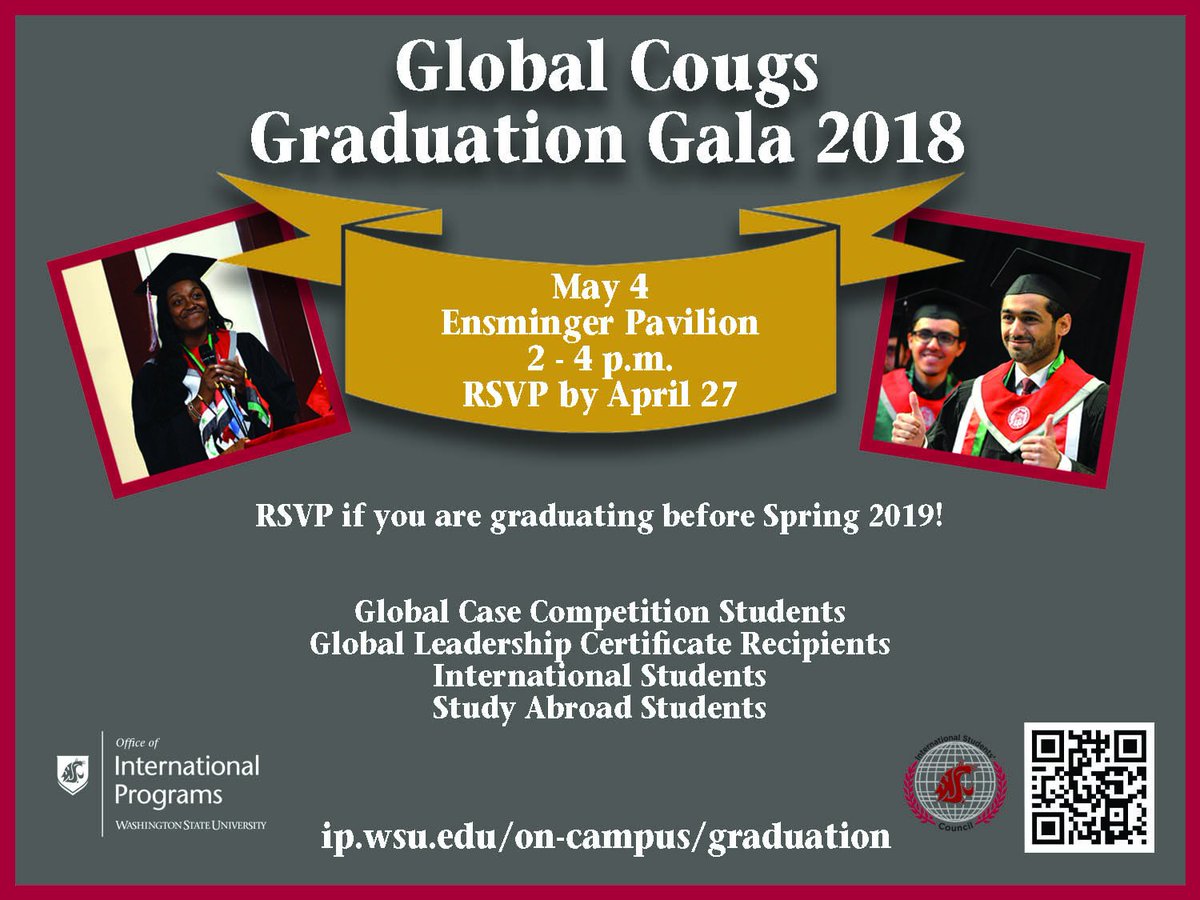WashStateIP's tweet image. Only 10 days left to RSVP for the Global Cougs Graduation Gala! Bring your family and friends to this exciting celebration! The event will feature guest speakers and entertainment. Free food and a graduation gift will be provided. Visit ip.wsu.edu/on-campus/grad… to RSVP!