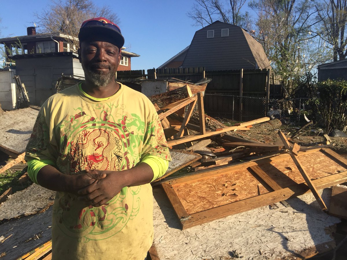 Jessmensch's tweet photo. James Cole has been homeless for 9 months. When he saw homes damaged from the tornado in Greensboro, he knew he had to help. “I don’t want them to go through what I’ve had to,” he said. He’s spent the last 48 hours helping people deal with the damage— for free. @WFMY #ncwx https://t.co/UI6wqRQPqU