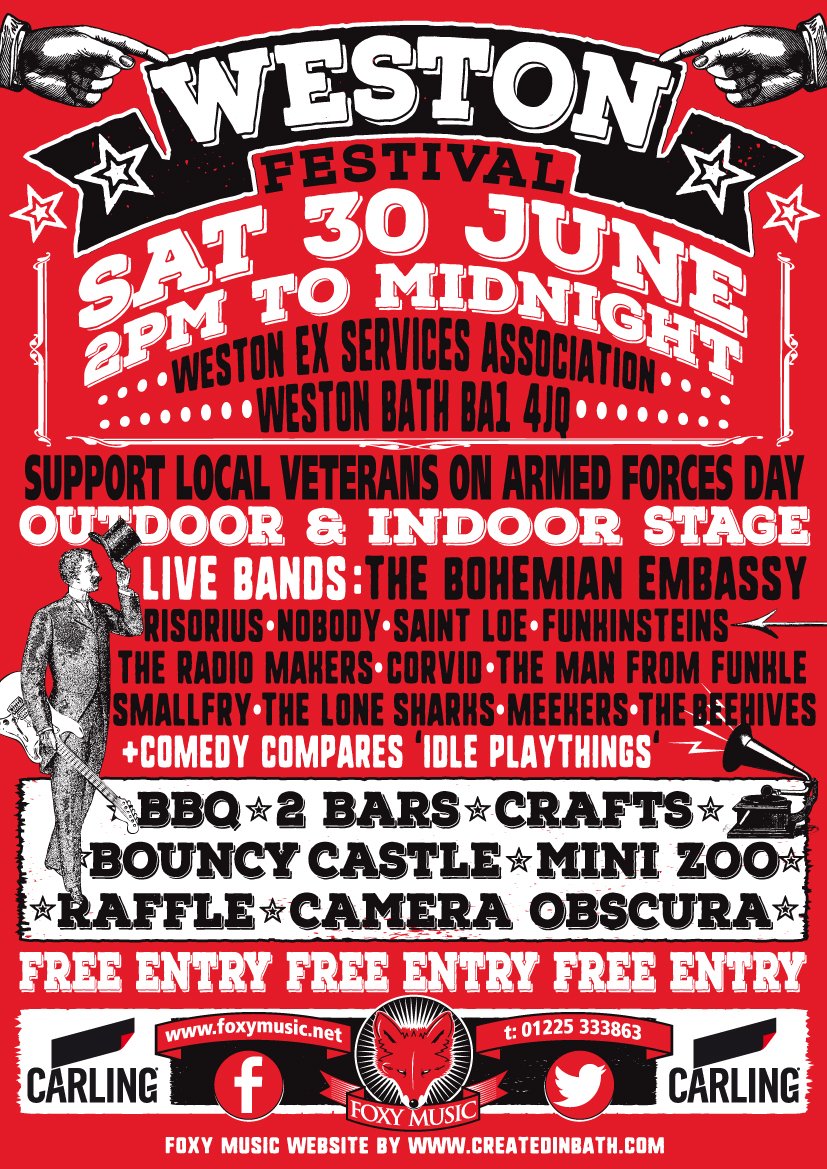 FREE! WESTON FESTIVAL <a href="/BathEchoWO/">Bath Echo | What's On</a> <a href="/InBath/">InBath</a> @BathGigs <a href="/ASWestonBath/">All Saints Weston</a> <a href="/bohosband/">Bohemian Embassy</a> <a href="/IAMCORVID/">Corvid</a> <a href="/SaintLoeBand/">Saint Loe</a> <a href="/Funkinsteins/">Sal Wyatt</a> <a href="/secretsofbath/">Secrets Of Bath</a> <a href="/BathCoUK/">Bath.co.uk</a> <a href="/bathmums/">Bath Mums</a> <a href="/OxjamBath/">Oxjam Bath</a> <a href="/Chris4Widcombe/">Chris Rogers</a> <a href="/keynshamFest/">Keynsham Music Fest</a> @phoenixsomerset