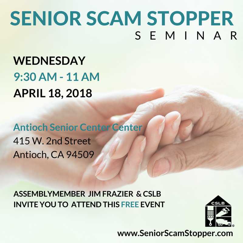 CSLB's tweet photo. @andASMFrazier CSLB invite you to attend this FREE seminar. #SeniorScamStopper #CheckTheLicenseFirst https://t.co/OcL3z65Hy7