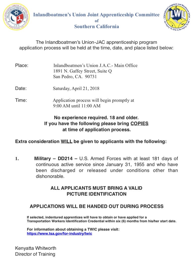 Cypress_Buzz's tweet photo. Inlandboatmen’s Union hiring Apprentices for 2 year paid training Sat Apr 21 9am 1891 N. Gaffey Street, Suite Q, San Pedro, CA. 90731 see pic for details https://t.co/t5P0hJubnb