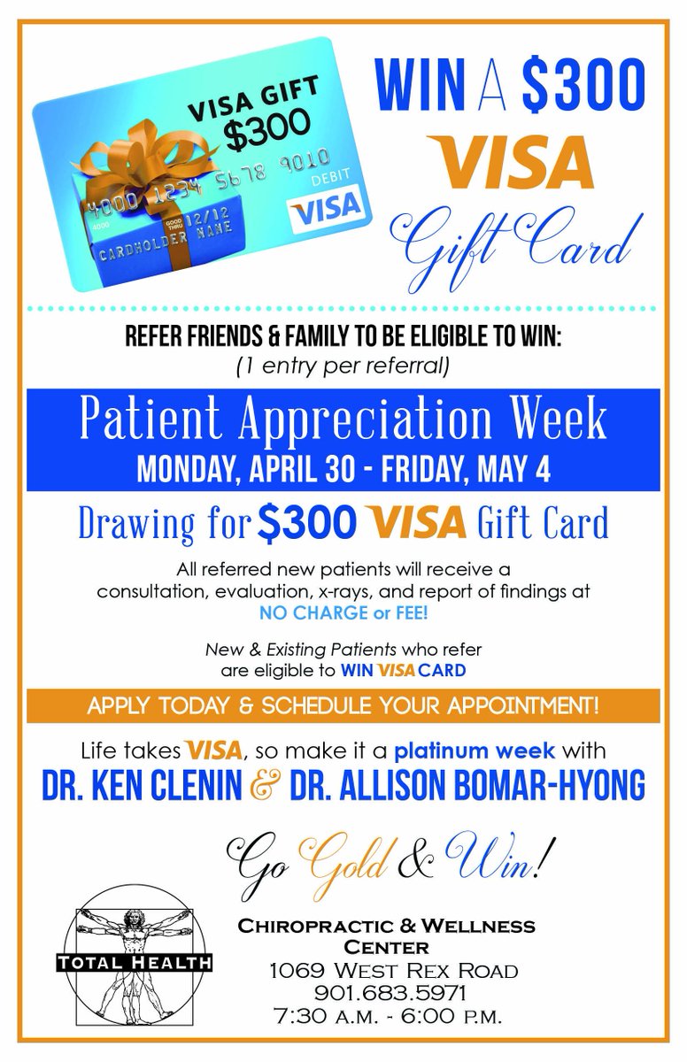 TotalChiroMemph's tweet photo. Want to Win a $300 Visa Gift Card? You can by referring family and friends during our Annual Patient Appreciation Week! SAVE THE DATE! #TotalHealthChiroMemphis #PatientAppreciationWeek #PAW2018 #Clenin #Bomar #Memphis #MemphisHealth #MemphisChiropractor #Chiropractic #Win https://t.co/HUOKPRpOr1