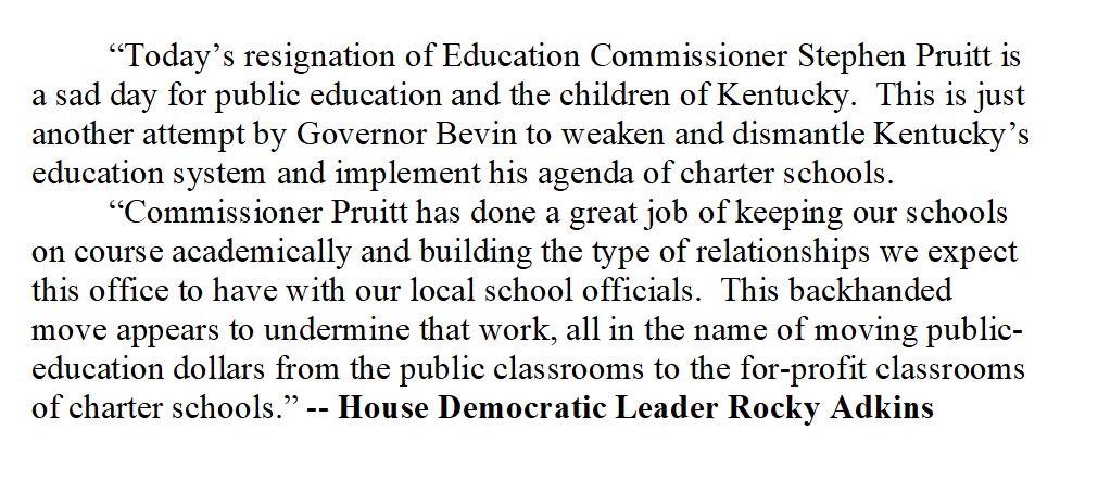 kyhousedems's tweet photo. STATEMENT -- From House Democratic @LeaderAdkins, in response to today's resignation of Education Commissioner Stephen Pruitt. #kyga18 @KYEducators, @DrSPruitt https://t.co/Fan4HQf64B