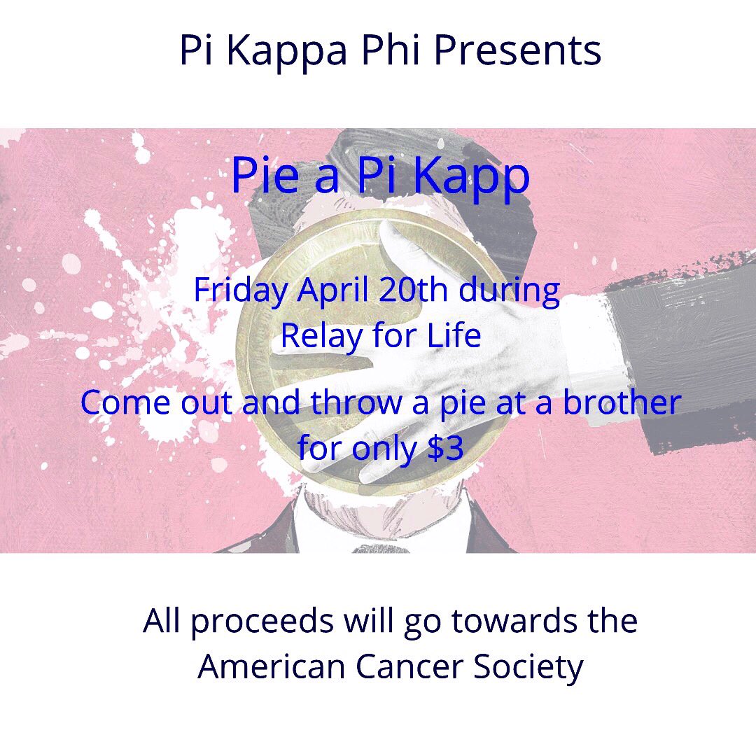 ElonPiKapp's tweet photo. THIS FRIDAY! The men of Elon Pi Kapp will be ready to take a pie to the head so we can help fund the fight against cancer. Come out to Relay for Life and show your support. https://t.co/g4RwYYiOOt