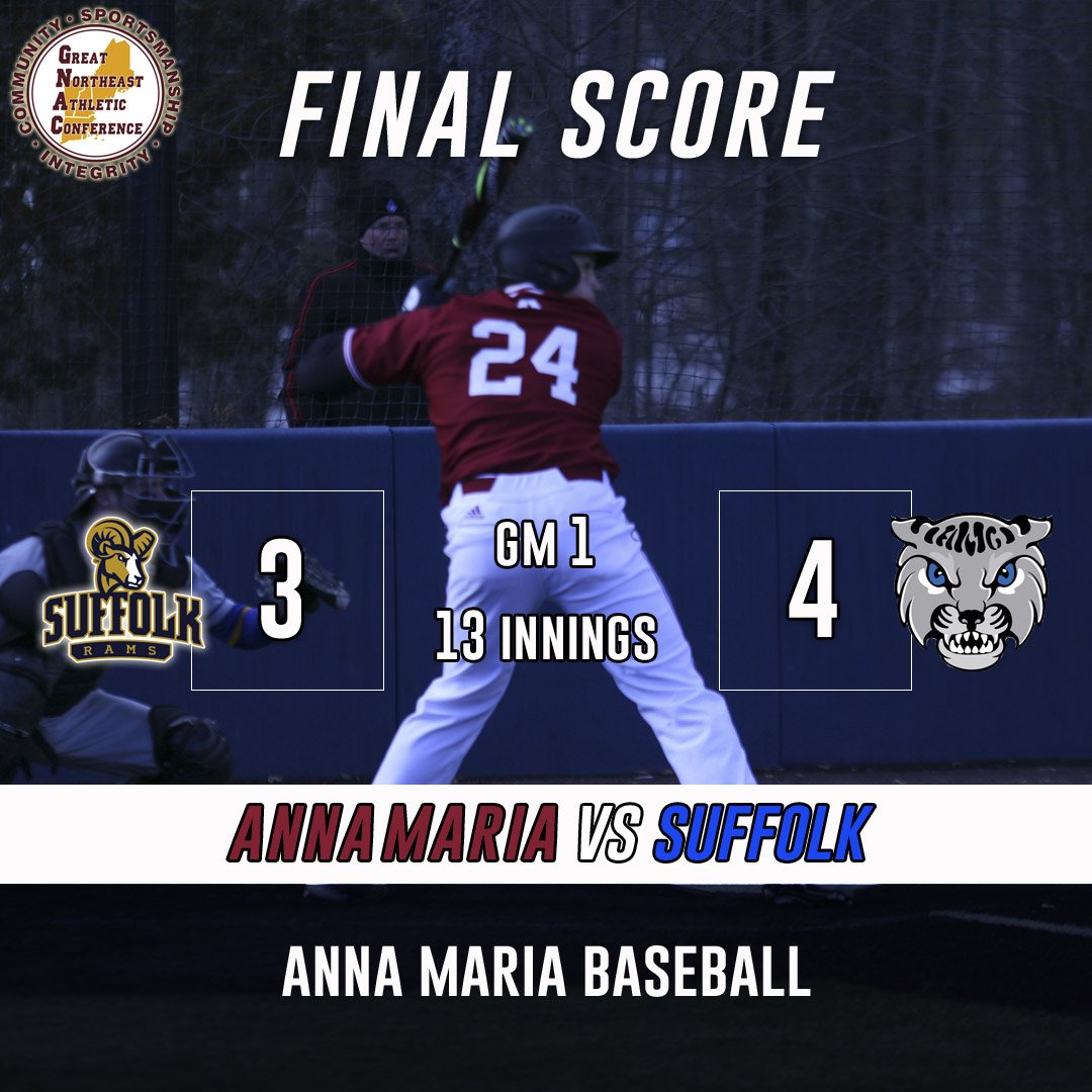 goAMCATS's tweet photo. BSB: #AMCATSWIN! For the first time since 2012, @AMCAT_Baseball has beaten @gosuffolkrams in @TheGNAC action in a 13 inning stunner. Jake Crevier walked to bring in the winning run in the 13th! #RingTheBell🔔🔔🔔 #RollAMCATS https://t.co/TrOmrPSqC9