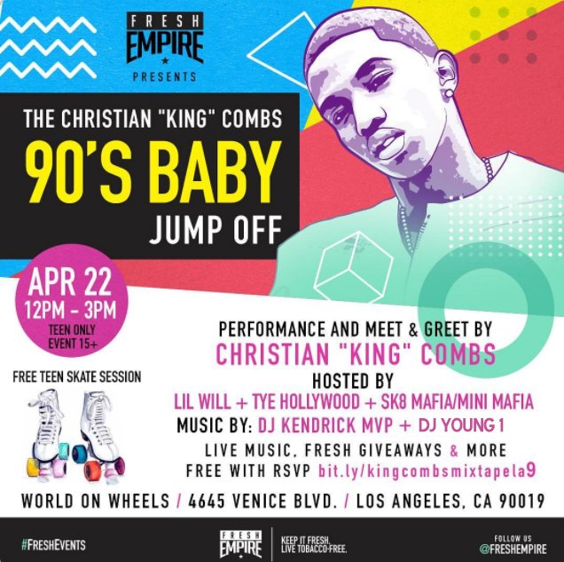 Real923LA's tweet image. Join @FreshEmpire for the #SpringJumpOff at @worldonwheelsla on 4/22 with a performance by @kingcombs and FREE skating!   

Teens RSVP to get in FREE: bit.ly/kingcombsmixta… 
#FREE4TEENS