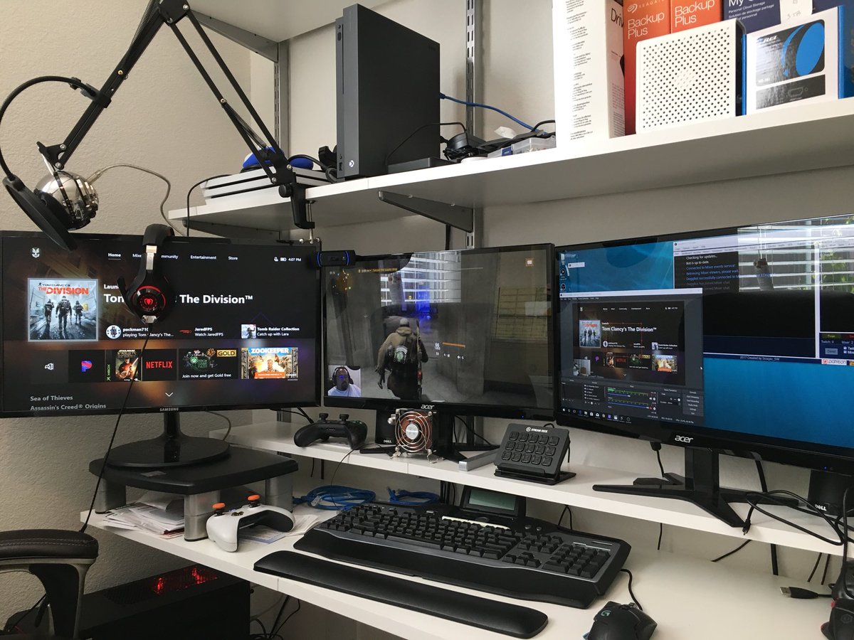 EDoggM's tweet photo. Last couple of nights been setting up my Stream Station to get my #XboxOneX #CyberPowerPC #HD60Pro #BlueSnowball #LogitechWebcam #OBSStudio #ScorpBot to work in Harmony so I can start Streaming on @WatchMixer Full-Time Soon! #OneStepAtaTime  #Goals #CableManagementNext https://t.co/3s4cwidxVv