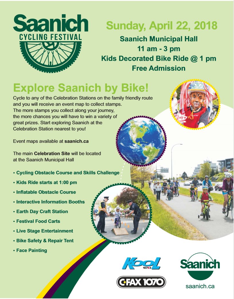 ViTodayCa's tweet photo. There will be a lot of two-wheeled fun happening at the #Saanich Cycling Festival on Earth Day April 22nd!
https://t.co/dst7cYI1kS https://t.co/HKWFNHPsaB