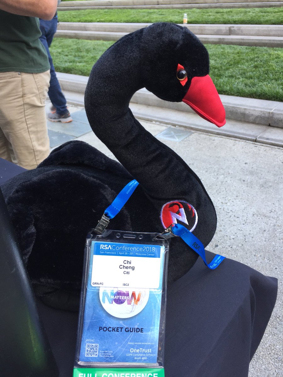 chicheng's tweet photo. @nopsec Trying to convince the Black Swan to join me inside at #RSAC #NopSec Those credentials will open doors #FindTheBlackSwans https://t.co/HmlVyctH4I