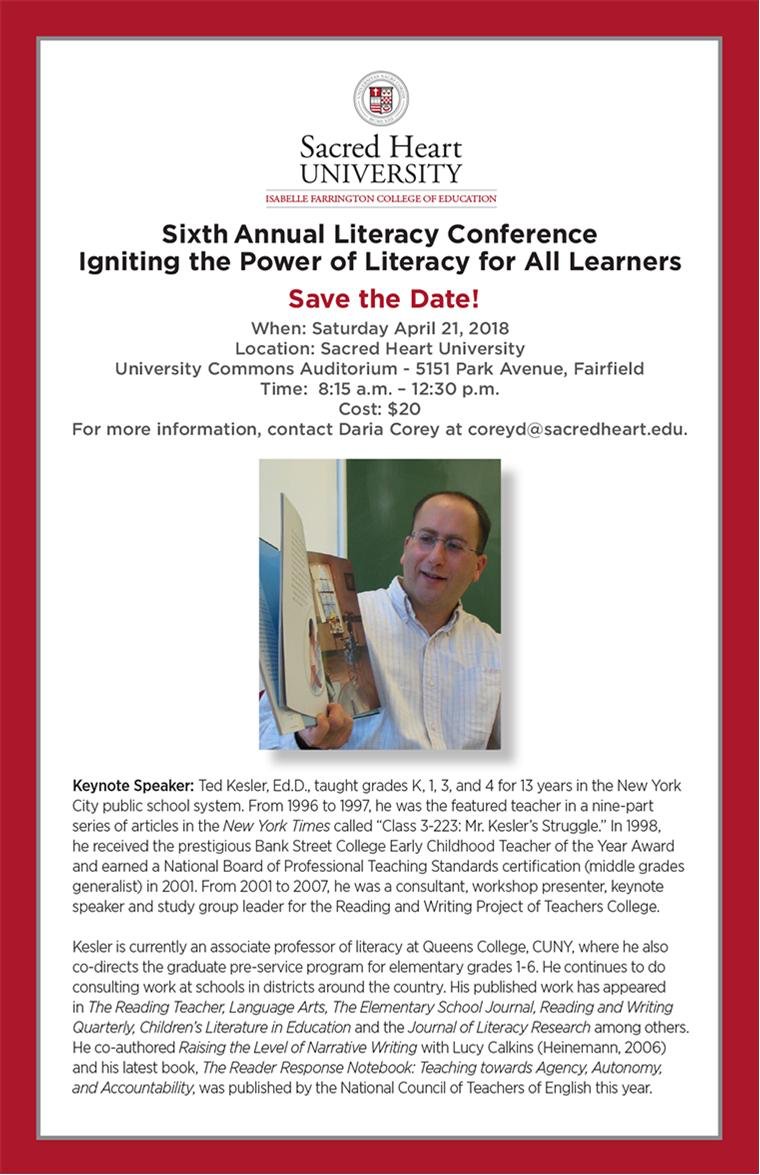 We are thrilled to have <a href="/tedsclassroom/">Ted Kesler</a> as the keynote for SHUs 6th Annual Literacy Conference this Saturday!
