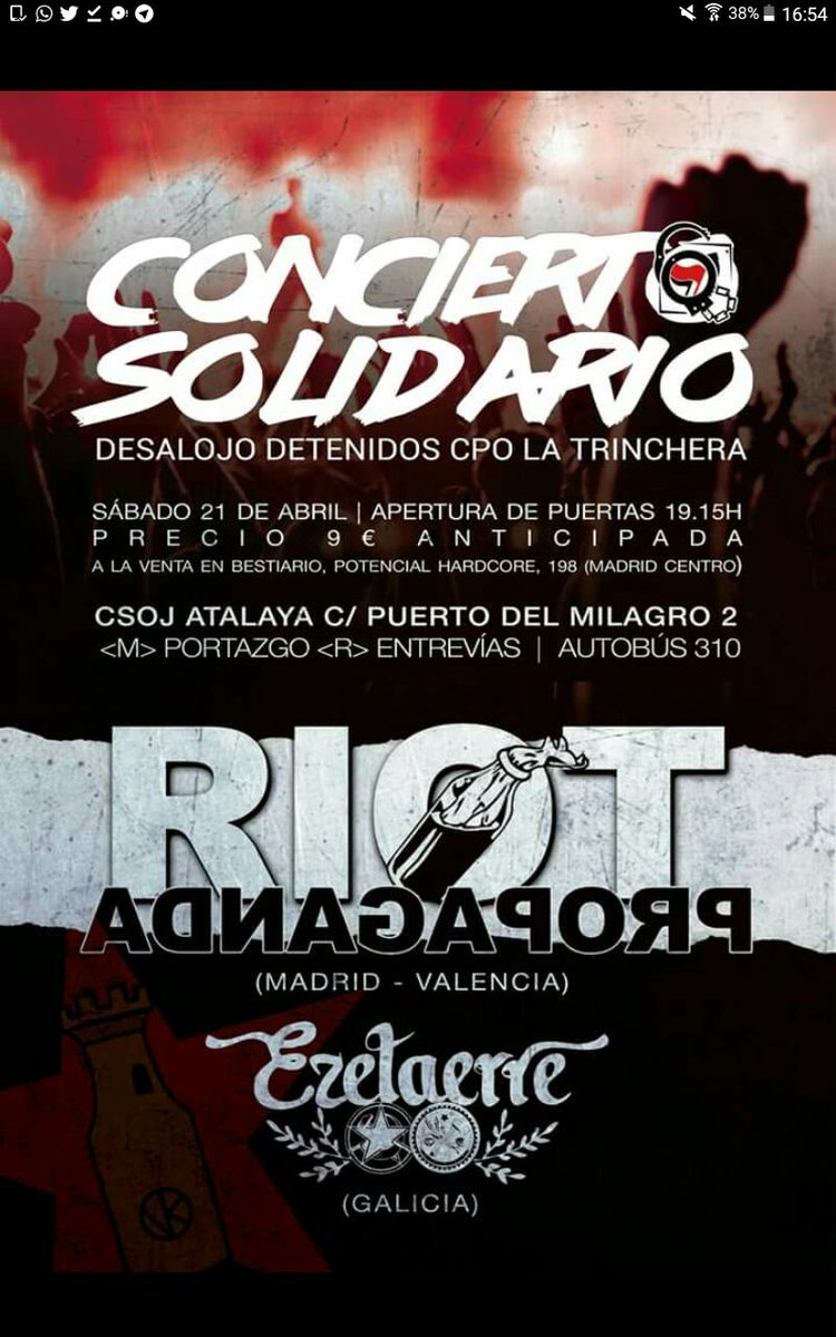 4 Días para el concierto antirrepresivo de <a href="/RiotPropaganda_/">Riot Propaganda</a> y <a href="/ezetaerre/">Ezetaerre</a> en @CSOJ_Atalaya 
¿¿¿Te lo vas a perder??? 

 Venta de entradas en <a href="/BestiarioShop/">BESTIARIO SHOP</a> <a href="/POTENCIALHC/">POTENCIAL HARDCORE</a> y @198_es