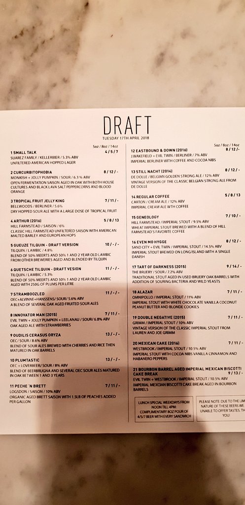 Incredible beer line up still on at <a href="/TORST_NYC/">Tørst</a> today after their birthday bash. Logsdon <a href="/FarmhouseAles/">LogsdonFarmhouseAles</a> Peche'n'Brett was outstanding. 🍺