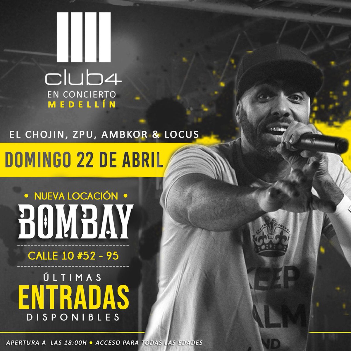 MEDELLÍN! ¿Cuántos de vosotros vais a venir a vernos a @ElChojin_net, <a href="/ambkoroficial/">ambkoroficial</a>, <a href="/ZPU/">ZPU</a> y <a href="/LocusDuoKie/">Locus</a> en Bombay este domingo? Queremos veros saltar! Pillad vuestras entradas por aquí antes de que se acaben 👉 po.st/Club4_InfoMede…