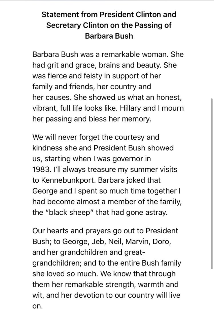 Bill and Hillary Clinton statement on Barbara Bush recalls how close George HW and Bill Clinton had become during their post-presidencies.