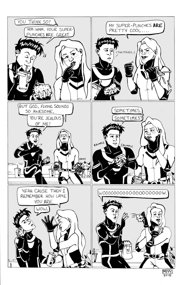 talking heads comic featuring knockoff mcdonald's and hip teen superheroes 