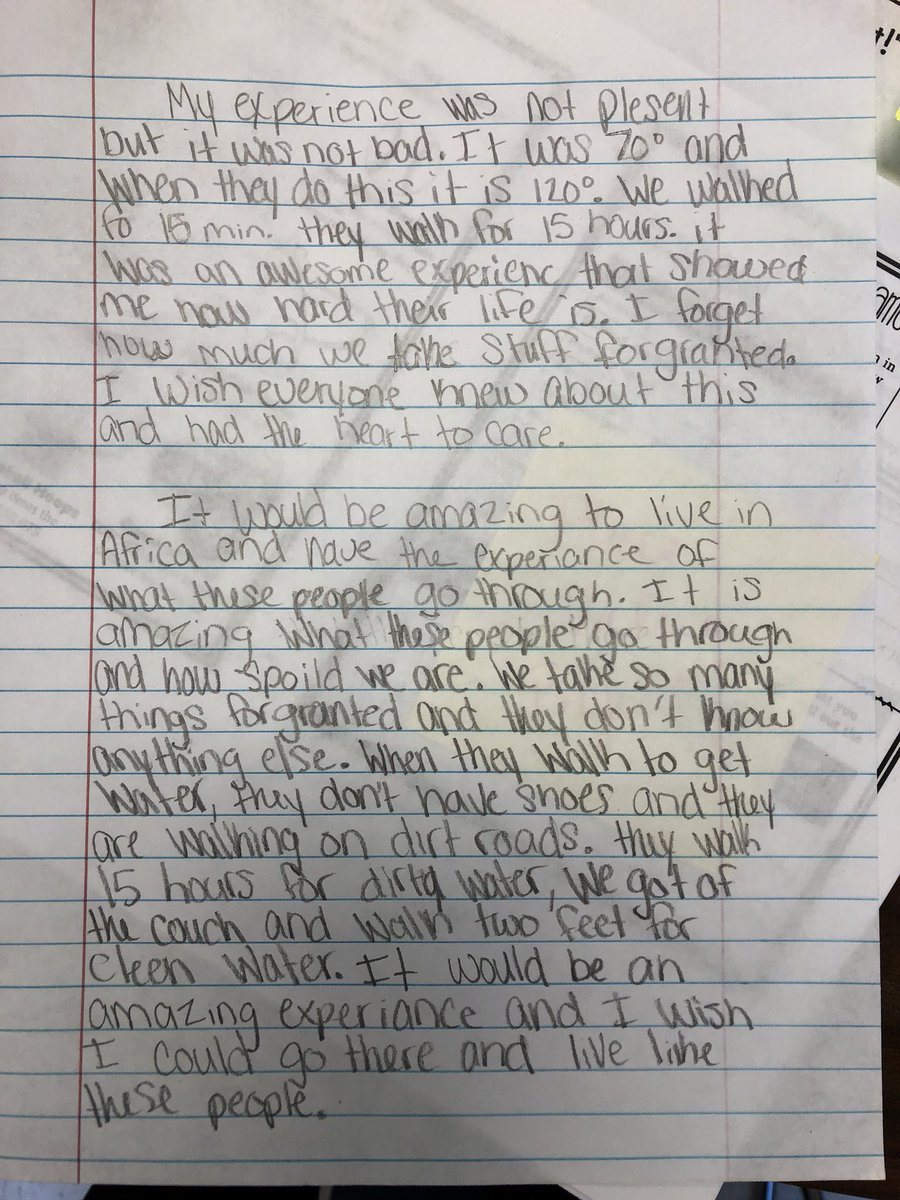 CharlaBalogh's tweet photo. Today we each took a turn walking for 15 minutes with a gallon of water on our head. Then we wrote about our experience in comparison to African girls who walk miles for up to 15 hours each day to get water. #alongwalktowater #lostboysofsudan @LindaSuePark @gardendaleel https://t.co/BH3BhtBTdE