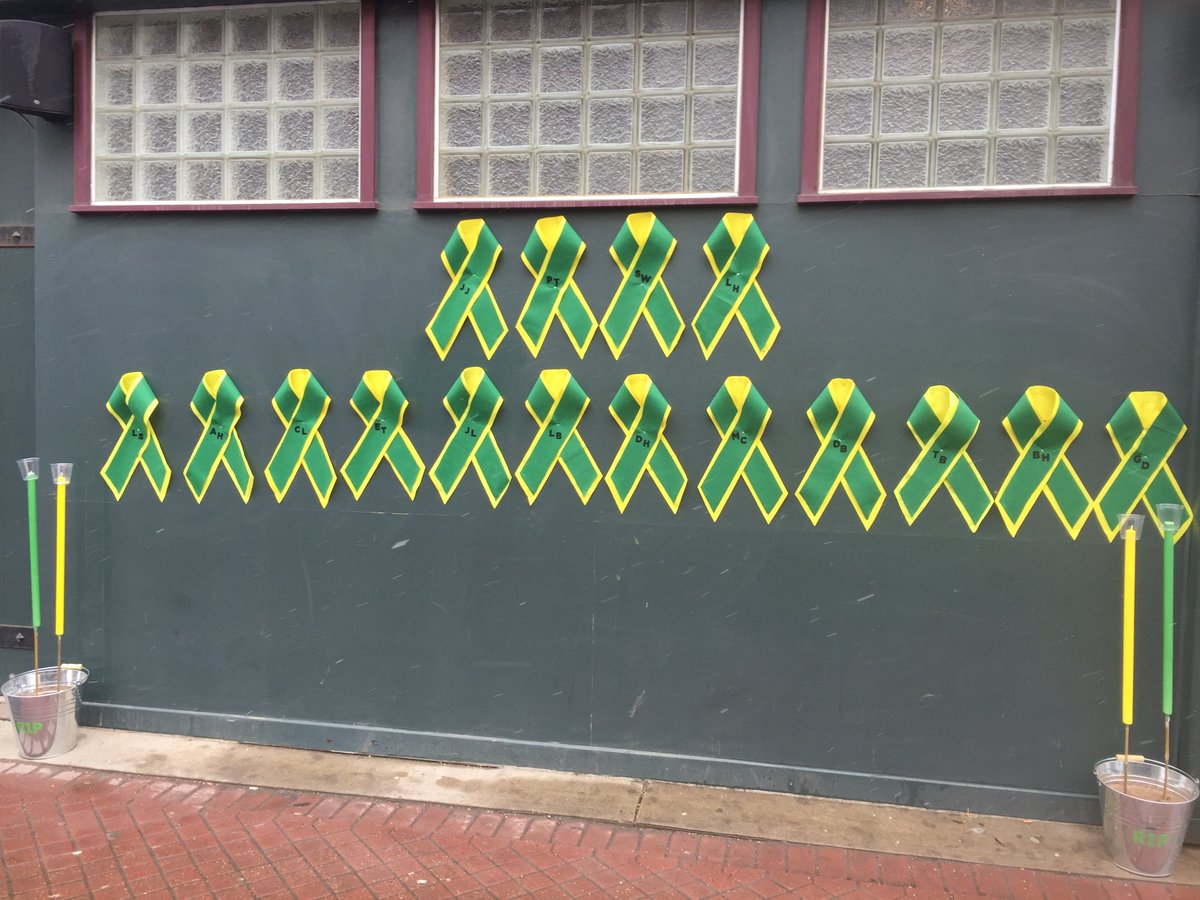 Hearts are heavy from the memorial for Jaxon Joseph, Stephen Wack, Parker Tobin and Logan Hunter, RIP boys. We also put up some ribbons for each of the victims of the Humboldt bus accident, our thoughts and prayers will always be with you #humboldtstrong 💛💚💛💚 #yeg