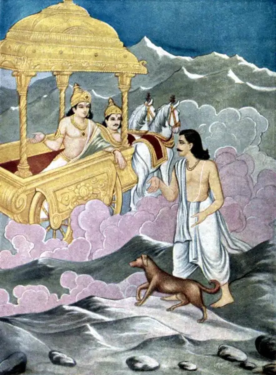 In Mahaprasthanika Parva, When Pandavas set out for their last journey, a dog also starts following them.While the Pandavas set out for the forest, a dog followed them.When all the other brothers eventually dies, the dog still follows him.