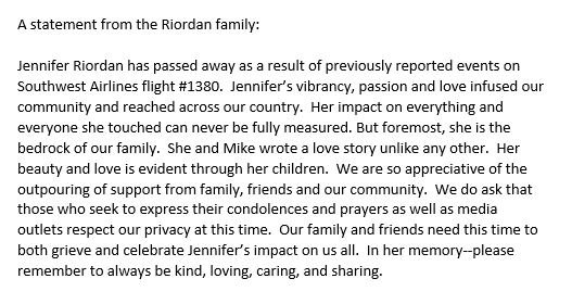 JasonWhitely's tweet photo. STATEMENT from the family of Jennifer Riordan, the @SouthwestAir passenger killed during the explosive decompression of SWA 1380 this morning. She was an Albuquerque, NM resident. https://t.co/s4nf6O22JW