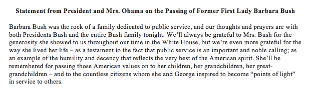 Statement from former President Barack Obama and Mrs. Obama on the Passing of Barbara Bush