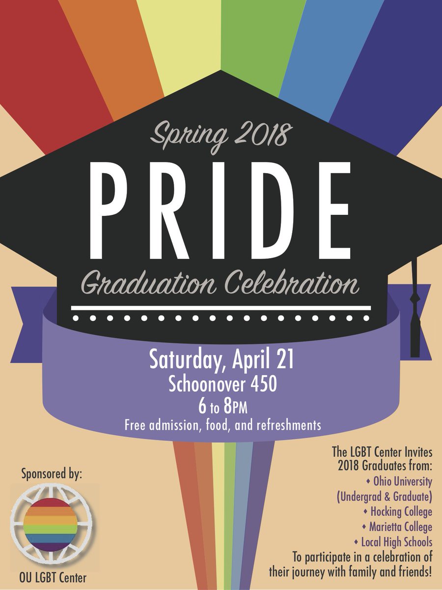 OHIOPrideCenter's tweet photo. graduating?  like rainbow swag?  got pride?  join us for #pridegraduation this saturday. all academic levels and programs.  celebration is open to non-ou graduates and highschool students.  there will be food, fun, and friends!!!  https://t.co/MiaPQtsBL5 https://t.co/9ysPZyR3uc