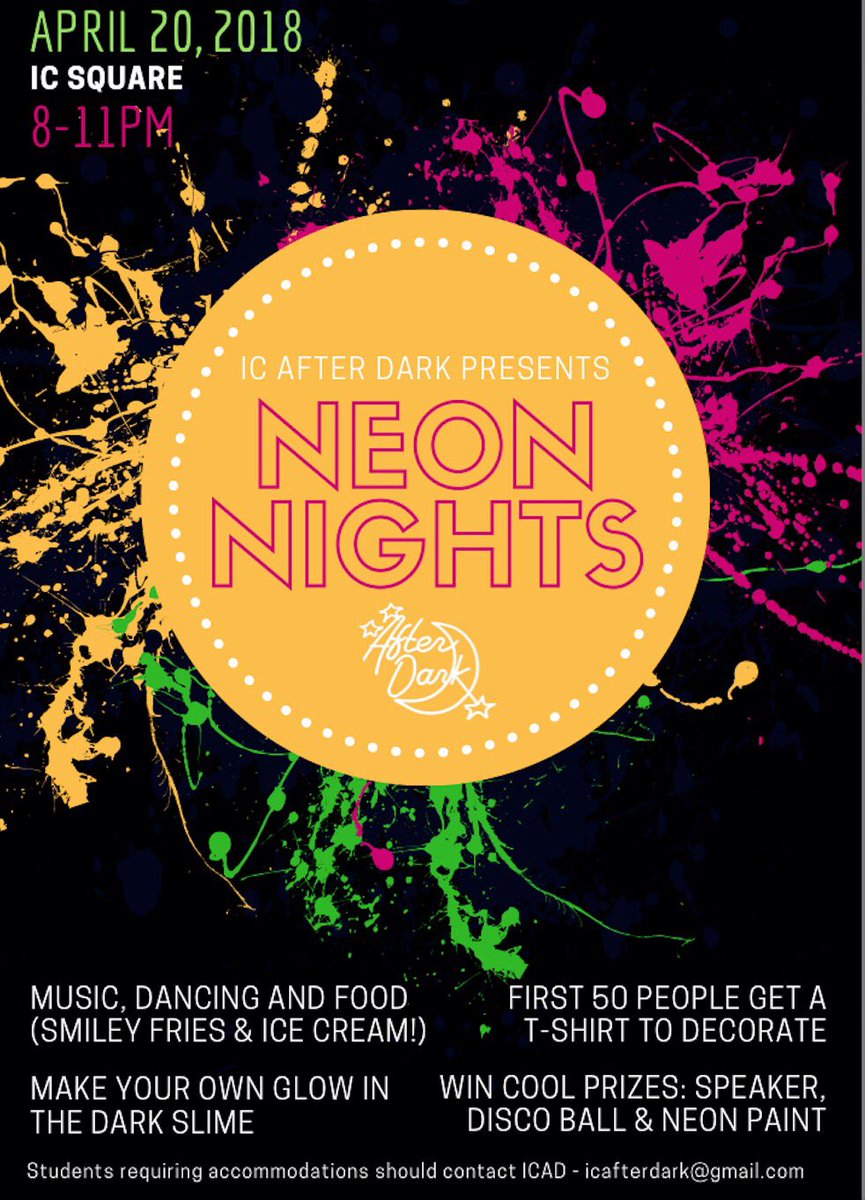 ICAfterDark's tweet photo. Neon Nights is this Friday! IC After Dark is ending this semester with a BLAST! We will have face painting, neon slime with raffle prizes. Also, a special guest is coming to town but we will keep it secret: come to our event to figure out who! April 20th from 8-11PM in IC Square! https://t.co/DQKVGP8YpB