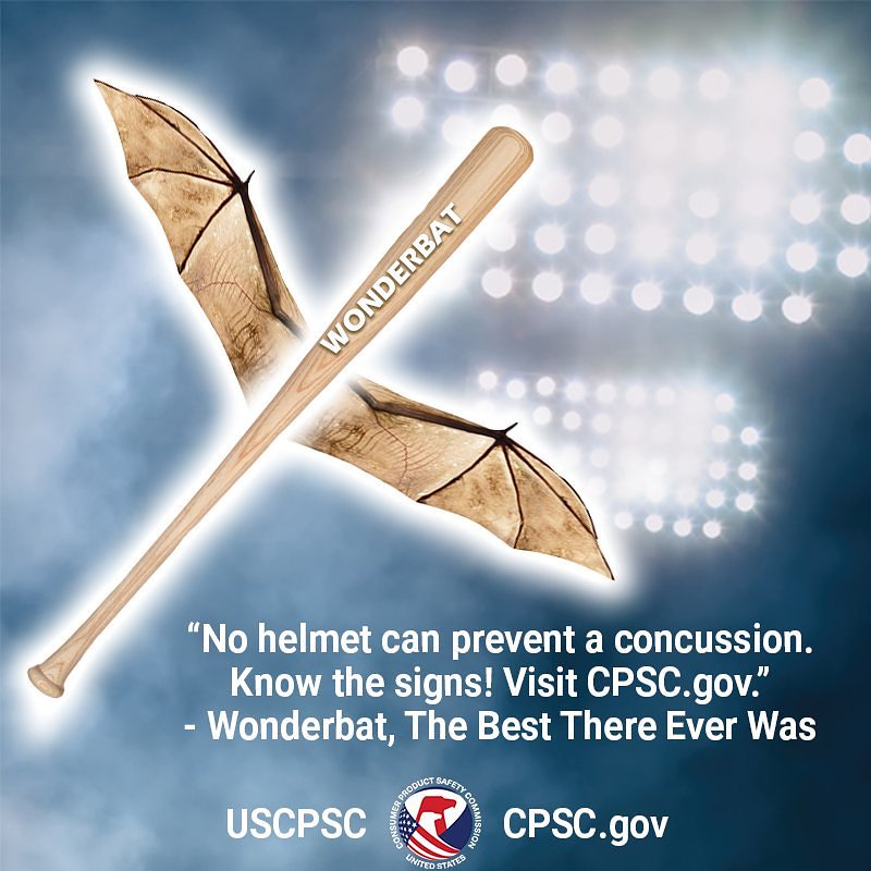 A baseball bat with bat wings flying in front of baseball stadium lights. The text reads: "No helmet can prevent a concussion." - Wonderbat, The Best There Ever Was.

Learn more about baseball helmet safety on CPSC.gov