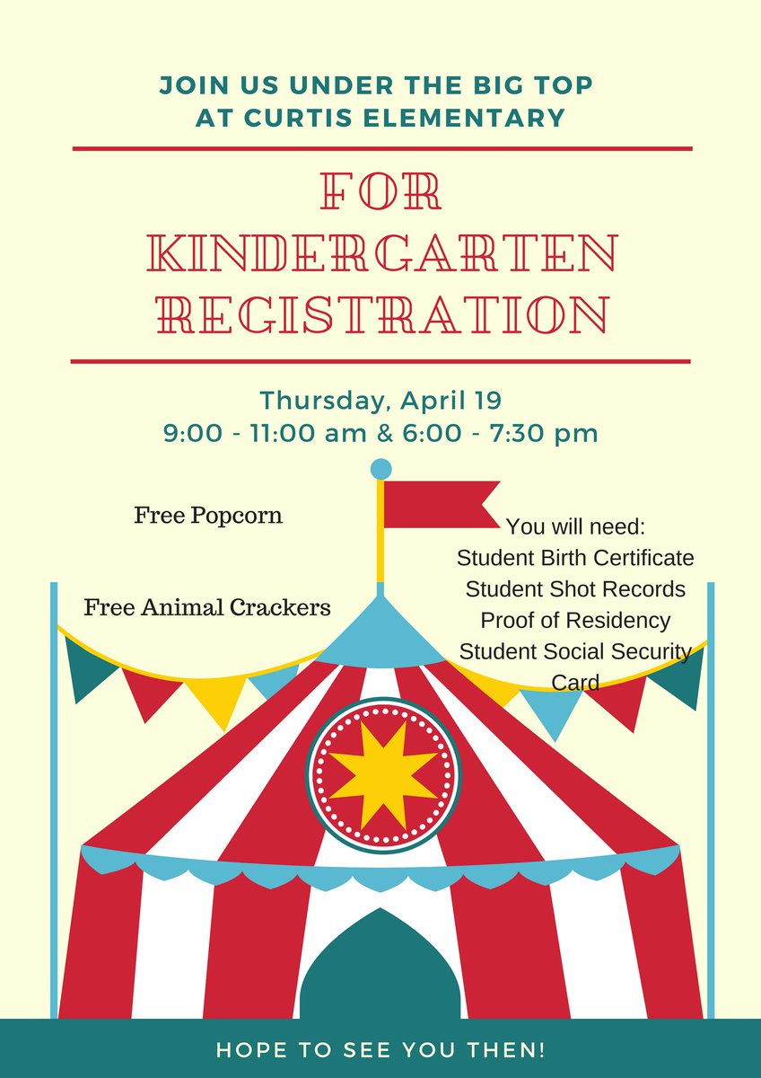 Kindergarten Registration - Join us Thursday, April 19th from 9:00am - 11:00am or 6:00pm - 7:30pm to register your kindergarten student.  See attached for a list of what to bring. #curtises #whywisd edl.io/n855670