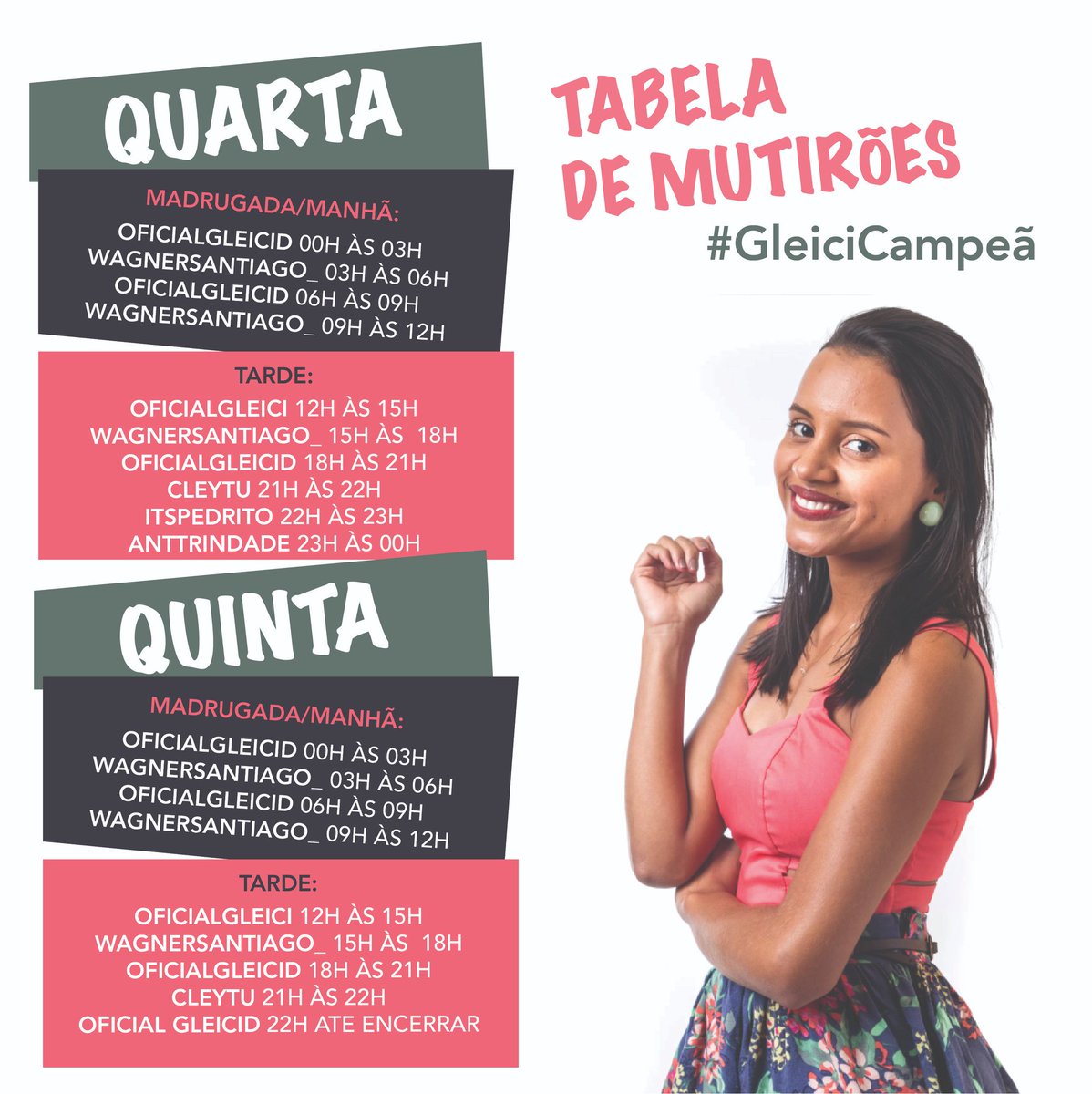 gleicidamasceno's tweet photo. — QUADRO DE MUTIRÕES: 

Horários dos mutirões oficiais em prol de nossa menina. Peço que foquem neles e dêem o melhor de vocês. Recomendo voltarem aqui no site apenas para enviar seus votos. Vamos com tudo! #GleiciCampeã https://t.co/HX4EtpHI3J