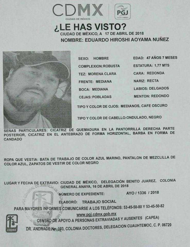 Con tristeza, impotencia y coraje comparto la desaparición de mi amigo Hiroshi.
 
Ayúdenme a compartir muchas veces este mensaje en todas sus redes sociales usando el hashtag: #HiroshiAquíEstamos

De corazón se los agradezco. Buenas vibras para todos.